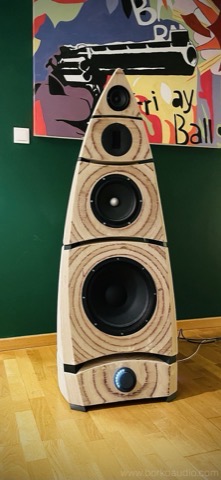 Large Speaker standing against a green wall, showing the tapered cabinet profile and port detail
